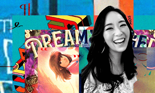 A photograph of Graci Kim with book covers collage in the background.